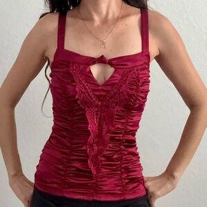 XOXO Burgundy Ruched Camisole with Lace Detail